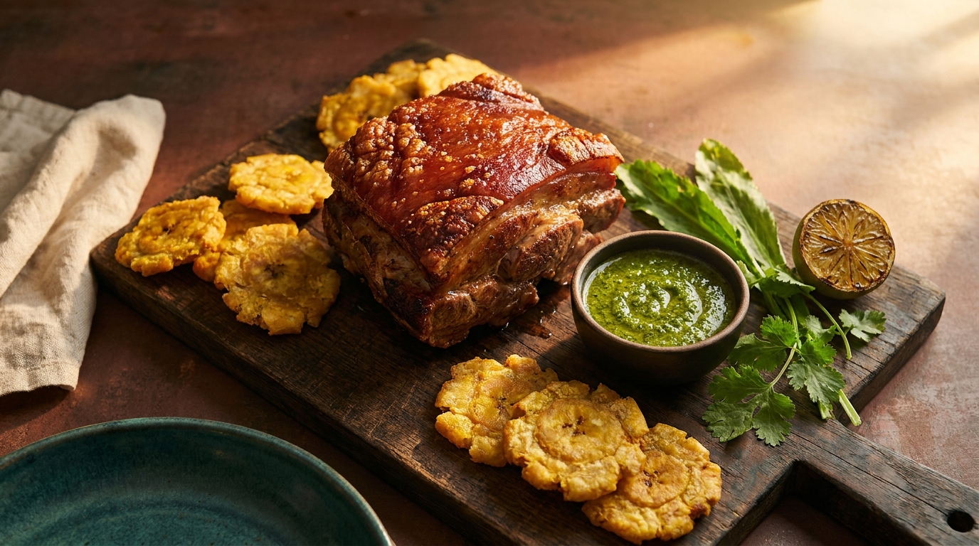 A slow-roasted pernil with crackling skin, golden tostones, and green mojo, lit by warm late-afternoon light.